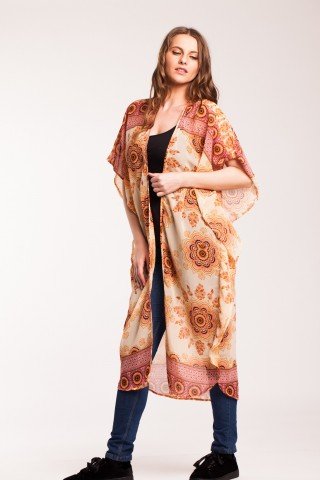 Kimono peach lung cu imprimeu floral