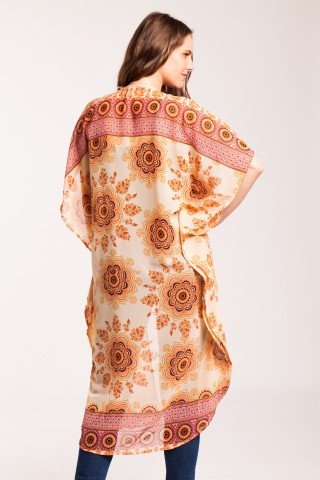 Kimono peach lung cu imprimeu floral