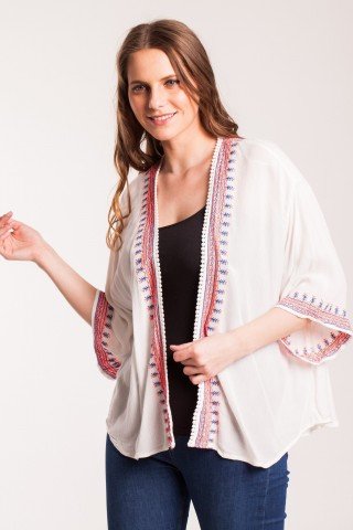 Kimono alb din vascoza cu broderie si ciucuri