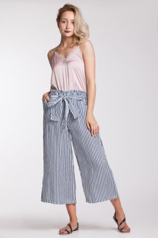 Pantaloni culotte in dungi bleu-alb din in