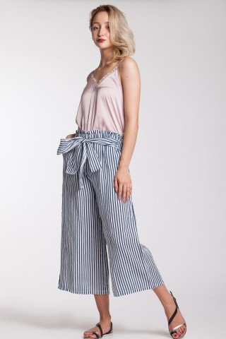 Pantaloni culotte in dungi bleu-alb din in