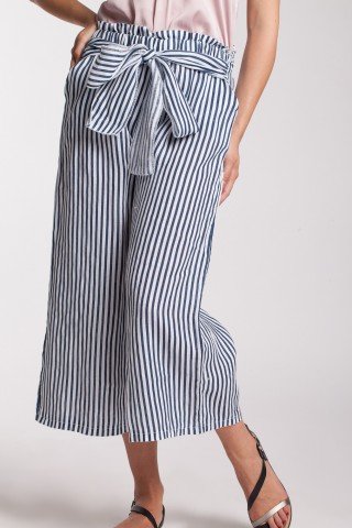 Pantaloni culotte in dungi bleu-alb din in