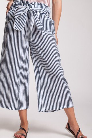 Pantaloni culotte in dungi bleu-alb din in