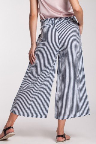 Pantaloni culotte in dungi bleu-alb din in