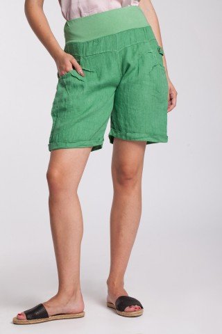 Pantaloni scurti verzi din in cu talie lata elastica
