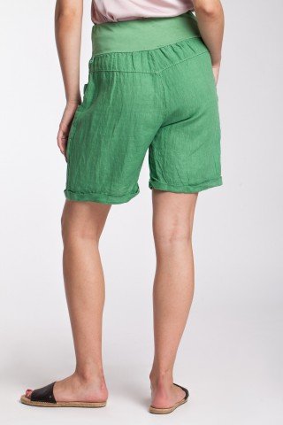 Pantaloni scurti verzi din in cu talie lata elastica