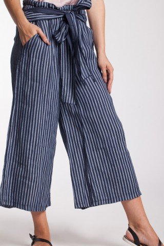 Pantaloni culotte in dungi bleumarin-albastru din in