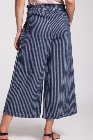 Pantaloni culotte in dungi bleumarin-albastru din in