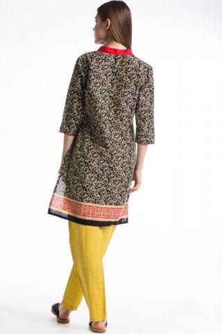 Tunica tip kurta neagra cu imprimeu beige si rosu