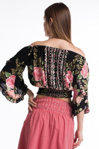 Bluza neagra cu impriemeu floral fara umeri si maneci clopot cu volan