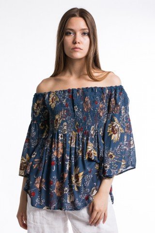 Bluza albastra cu imprimeu floral si maneci clopot