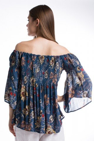 Bluza albastra cu imprimeu floral si maneci clopot