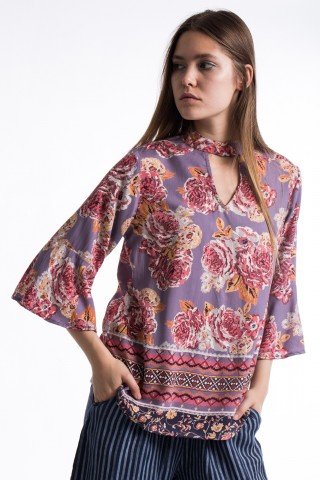 Bluza lila cu imprimeu floral si etnic