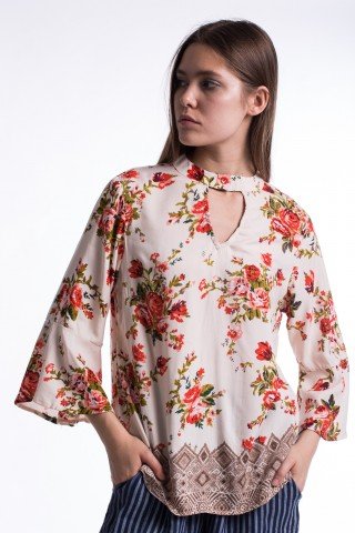 Bluza crem cu imprimeu floral si etnic