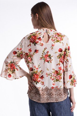 Bluza crem cu imprimeu floral si etnic