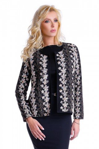Jacheta neagra Natalee cu broderie florala alba