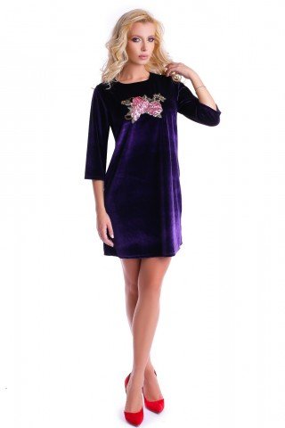 Rochie mov catifelata Natalee cu broderie florala aplicata