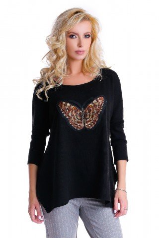 Pulover negru cu fluture aplicat
