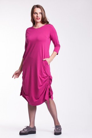 Rochie fucsia Ela fronsata din bumbac organic cu snururi laterale