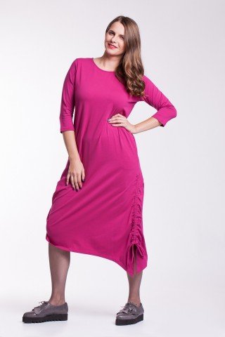 Rochie fucsia Ela fronsata din bumbac organic cu snururi laterale