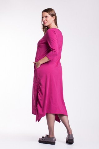 Rochie fucsia Ela fronsata din bumbac organic cu snururi laterale