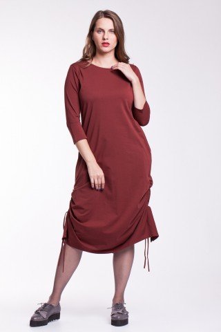 Rochie maro fronsata Ela  versatila cu snururi laterale din bumbac organic