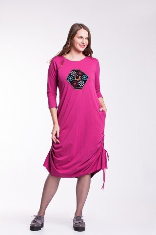 Rochie fucsia Ela fronsata cu broderie