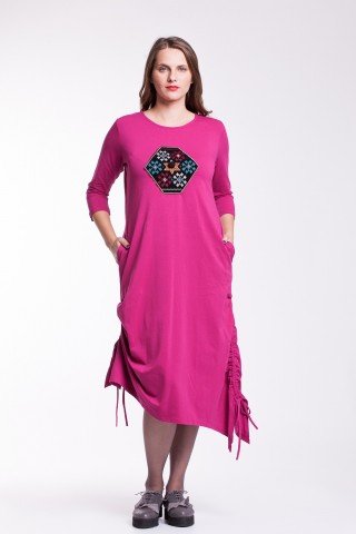 Rochie fucsia Ela fronsata cu broderie