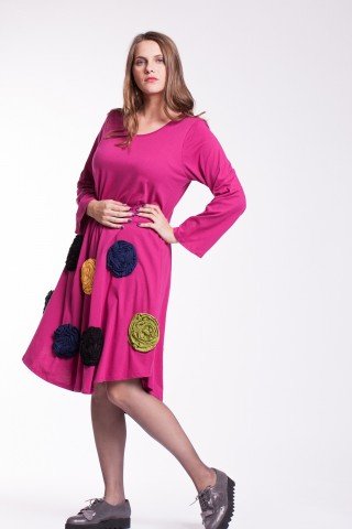 Rochie de bumbac organic fucsia cu flori colorate