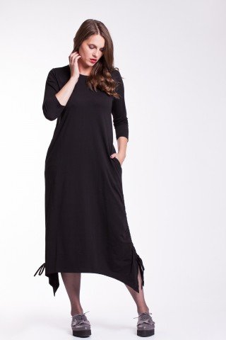 Rochie neagra fronsata Ela cu snururi laterale din bumbac organic