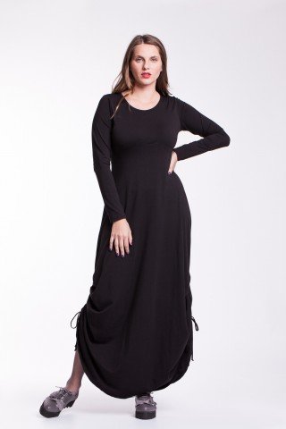 Rochie neagra lunga Sandra cu snururi laterale din bumbac