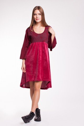 Rochie catifea  bordo asimetrica cu maneci evazate