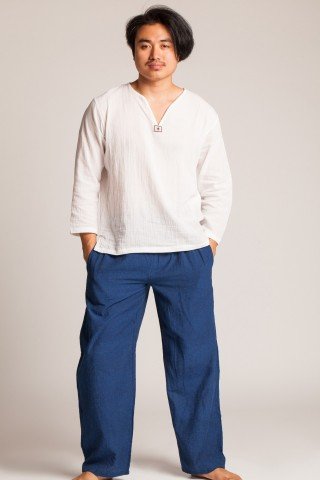 Pantaloni albastri din bumbac cu elastic si buzunare