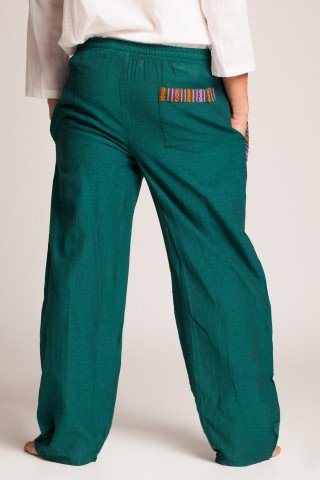 Pantaloni verzi cu elastic si motive multicolore etnice