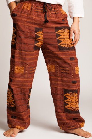 Pantaloni Thai din bumbac maro si galben cu motive etnice