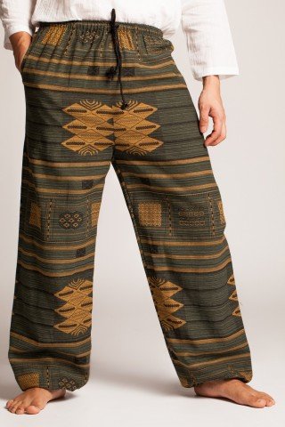 Pantaloni Thai verde inchis cu motive etnice galbene