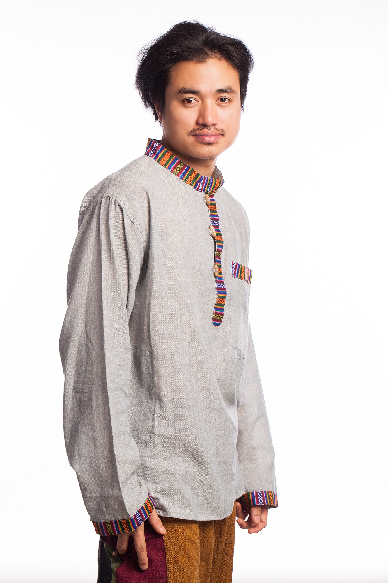 Camasa stil tunica gri cu motive etnice multicolore
