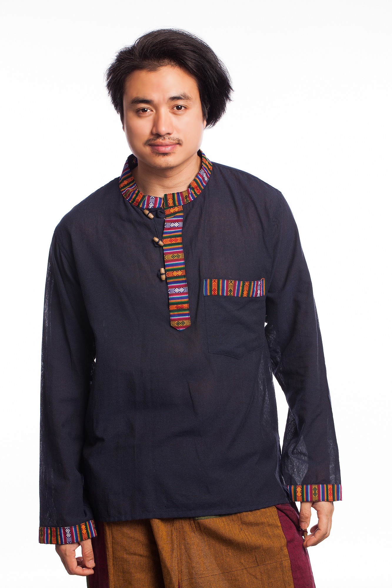 Camasa stil tunica bleumarin cu motive etnice multicolore
