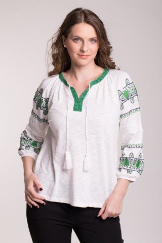 Bluza alba din bumbac cu broderie verde