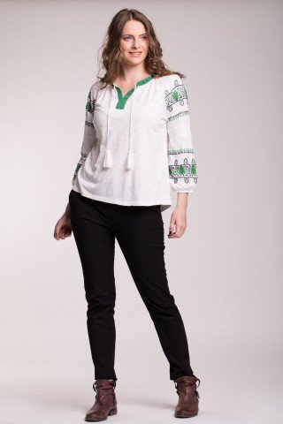 Bluza alba din bumbac cu broderie verde