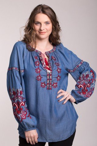 Bluza denim cu broderie rosie