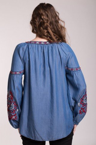 Bluza denim cu broderie rosie