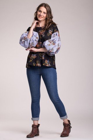 Bluza casual bumbac cu imprimeu floral si maneci bufante