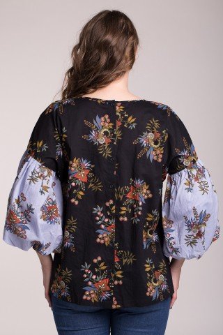 Bluza casual bumbac cu imprimeu floral si maneci bufante