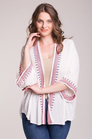 Cardigan alb cu broderie roz