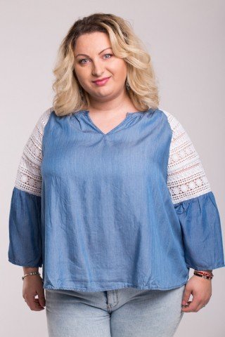 Bluza denim cu dantela si volan