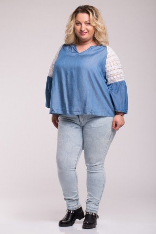 Bluza denim cu dantela si volan