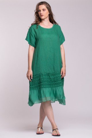 Rochie verde din in cu insertie din dantela si volan din matase