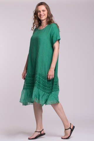 Rochie verde din in cu insertie din dantela si volan din matase