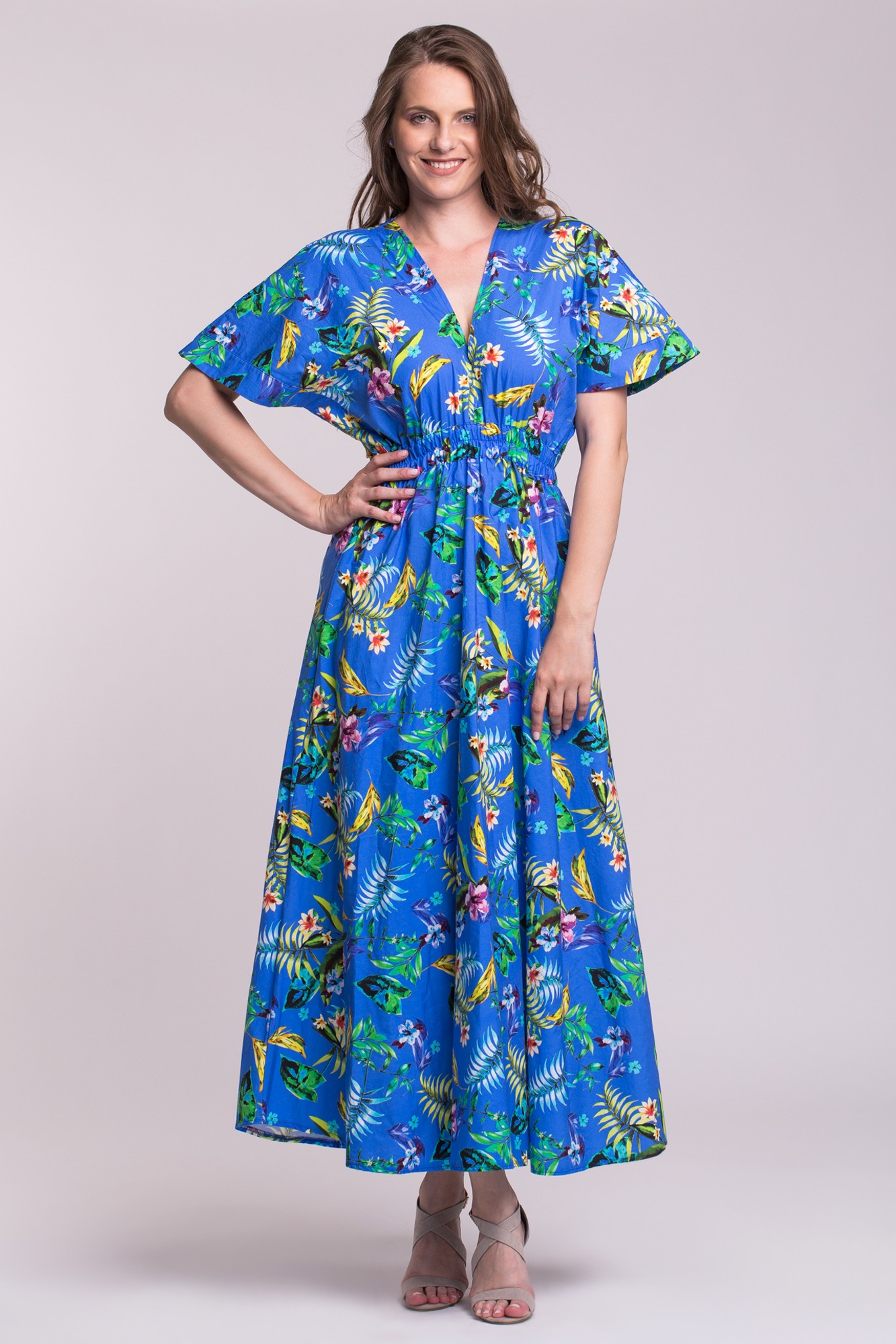 Rochie lunga eleganta albastra cu elastic in talie si imprimeu tropical
